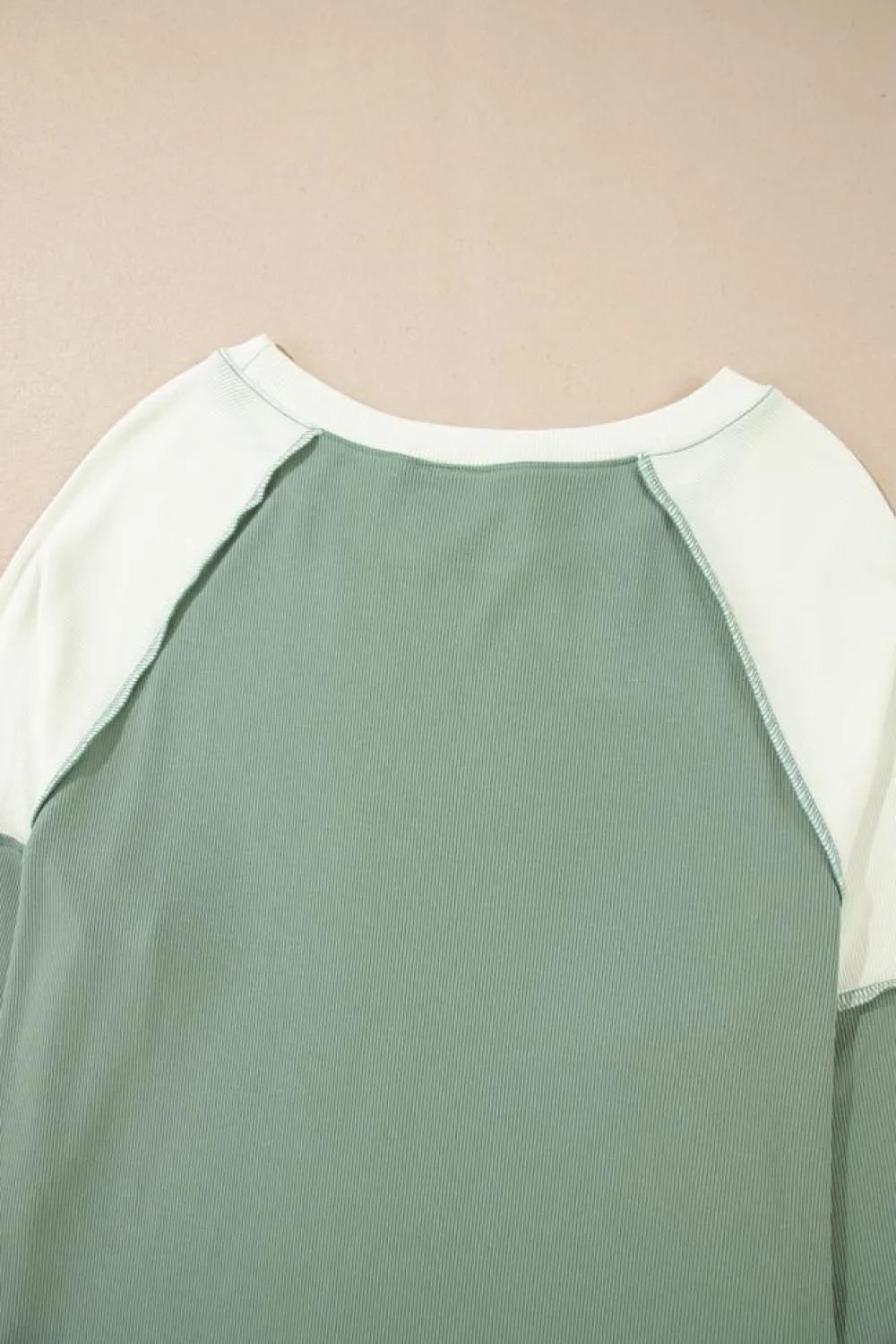 Fashion Dear-Lover Ribbed Colorblock Patchwork Raglan Long Sleeve Top Mint Green