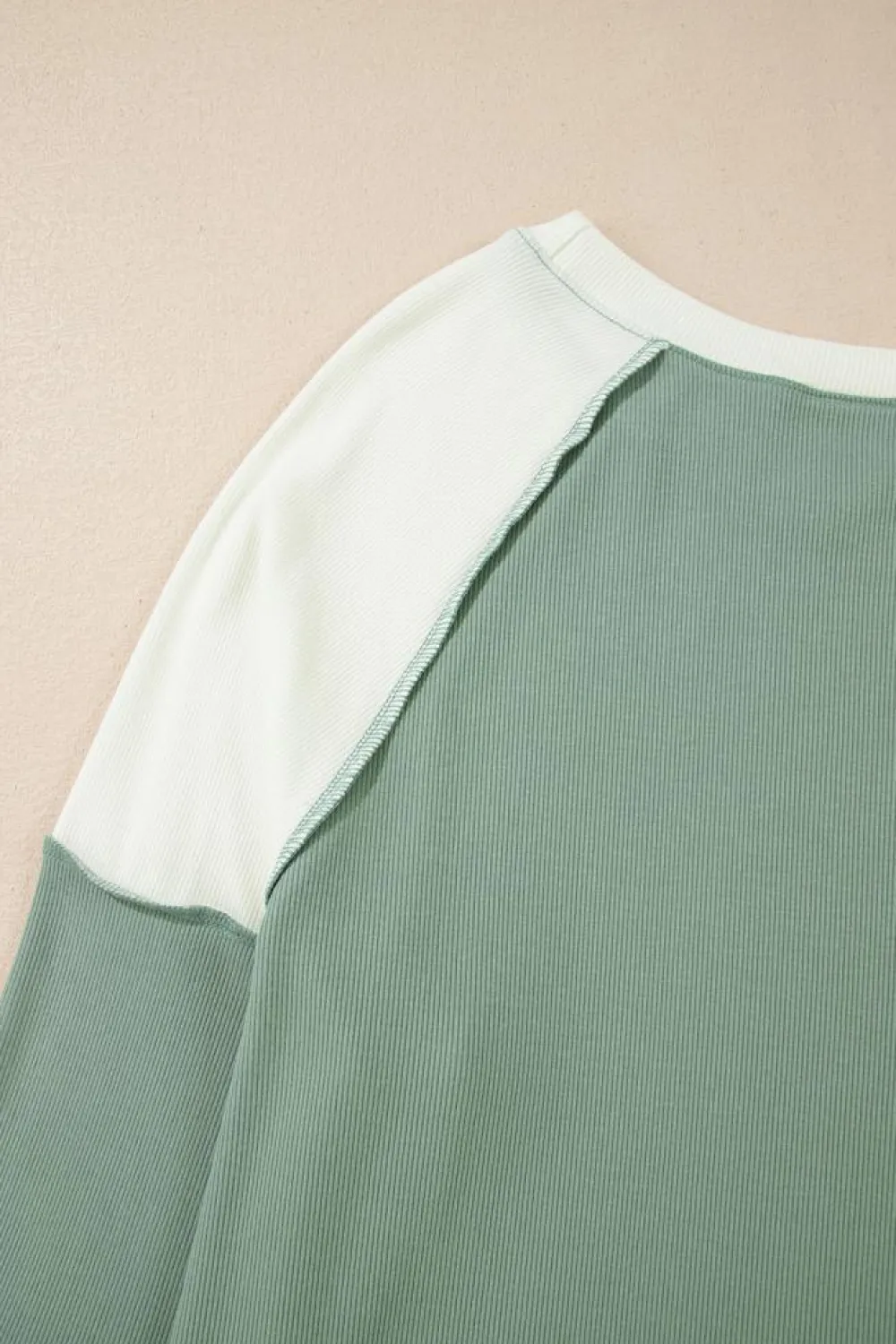 Fashion Dear-Lover Ribbed Colorblock Patchwork Raglan Long Sleeve Top Mint Green