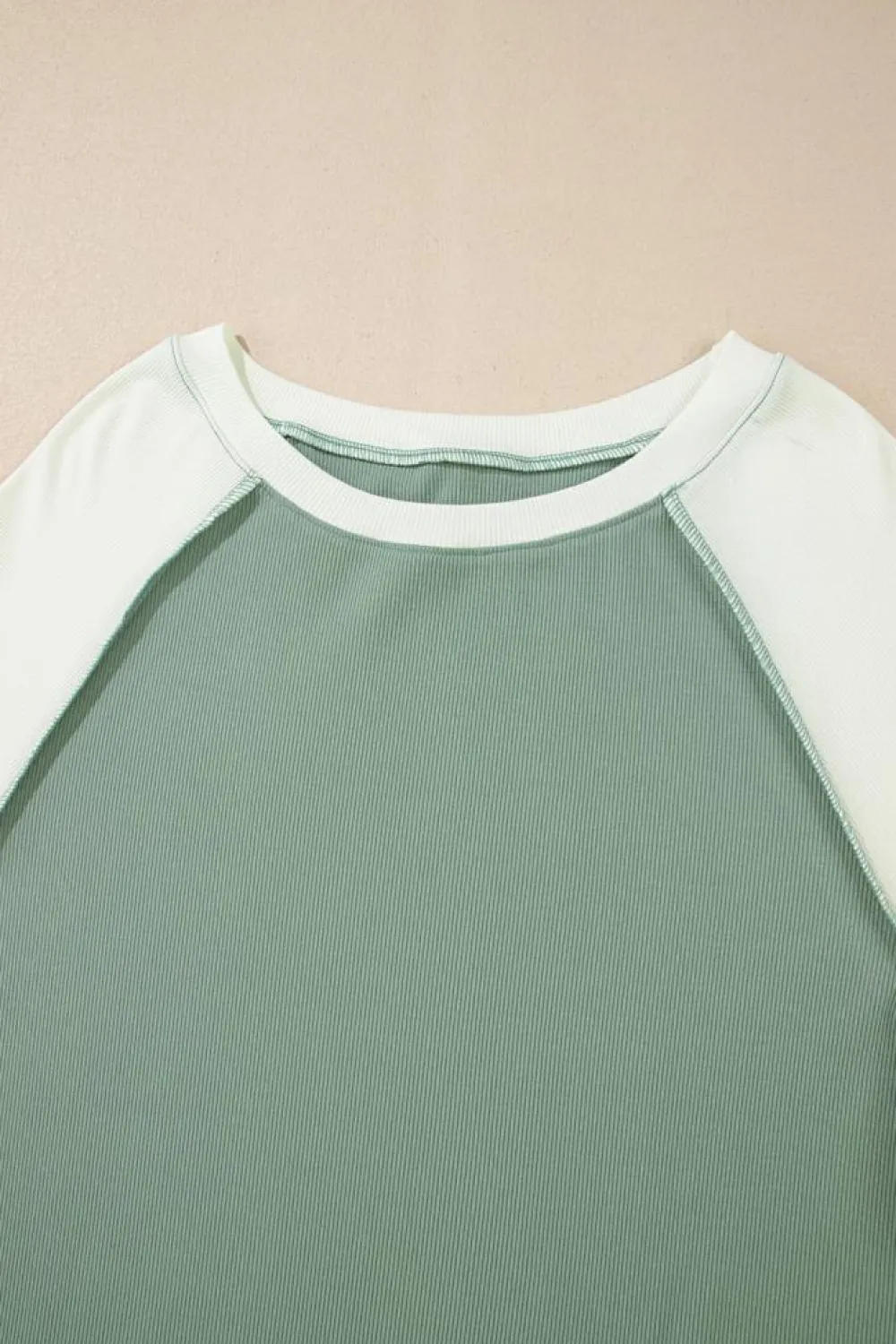 Fashion Dear-Lover Ribbed Colorblock Patchwork Raglan Long Sleeve Top Mint Green