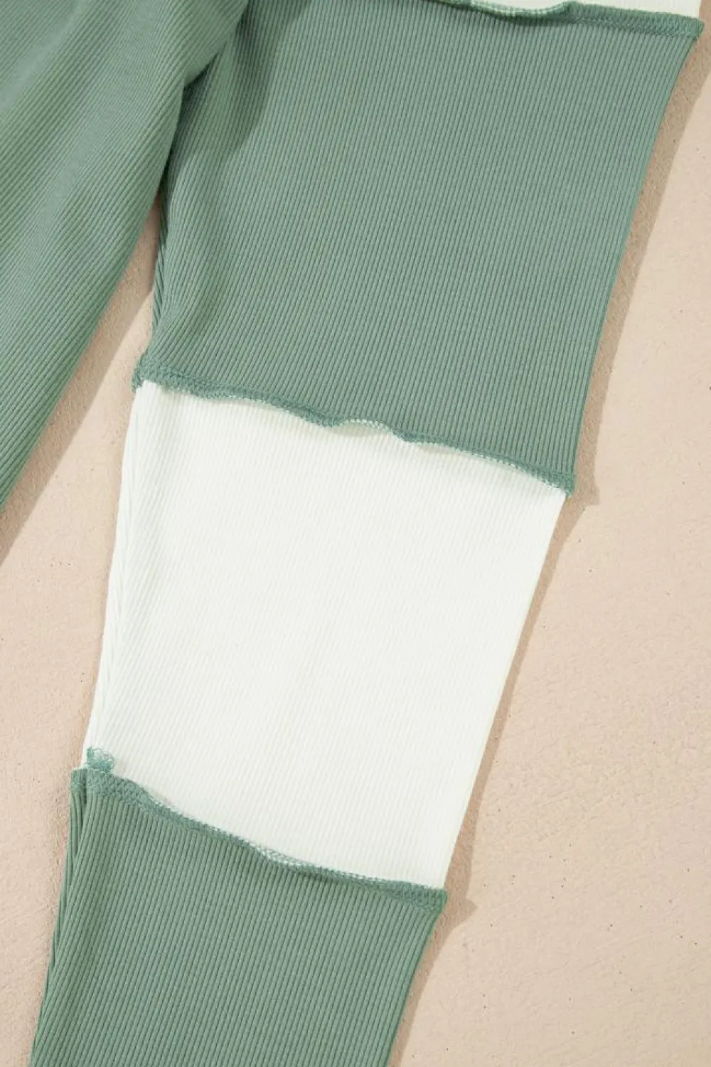 Fashion Dear-Lover Ribbed Colorblock Patchwork Raglan Long Sleeve Top Mint Green