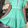 Sale Dear-Lover Ric Rac Colorblock Flutter Sleeve V Neck Tiered Dress Mint Green