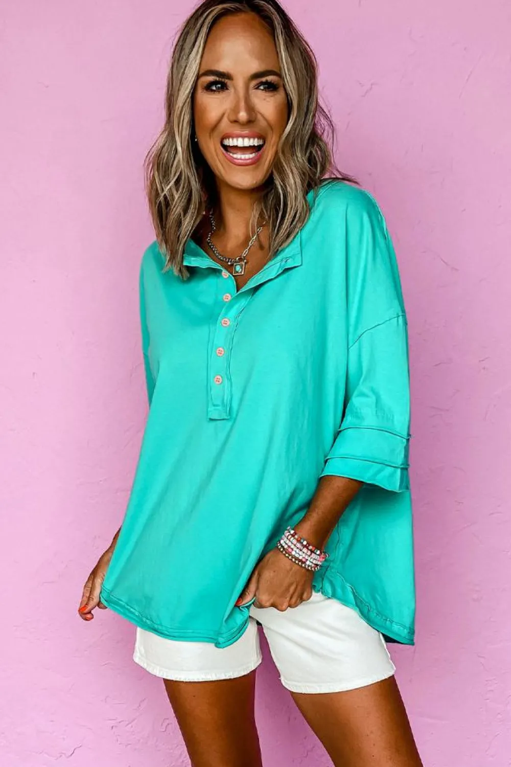 New Dear-Lover Solid Color Half Sleeve Buttons Henley Top Mint Green