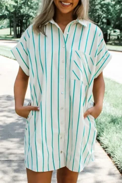 Discount Dear-Lover St Patricks Striped Wide Short Sleeve Shift Mini Shirt Dress Mint Green