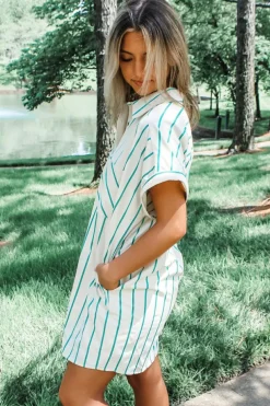 Discount Dear-Lover St Patricks Striped Wide Short Sleeve Shift Mini Shirt Dress Mint Green