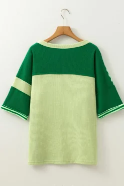 Fashion Dear-Lover Striped Patchwork Textured Colorblock 3/4 Sleeve Knit Top Mint Green
