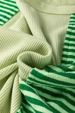 Fashion Dear-Lover Striped Patchwork Textured Colorblock 3/4 Sleeve Knit Top Mint Green