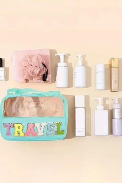 Fashion Dear-Lover TRAVEL Chenille Letter Clear PVC Makeup Bag Mint Green