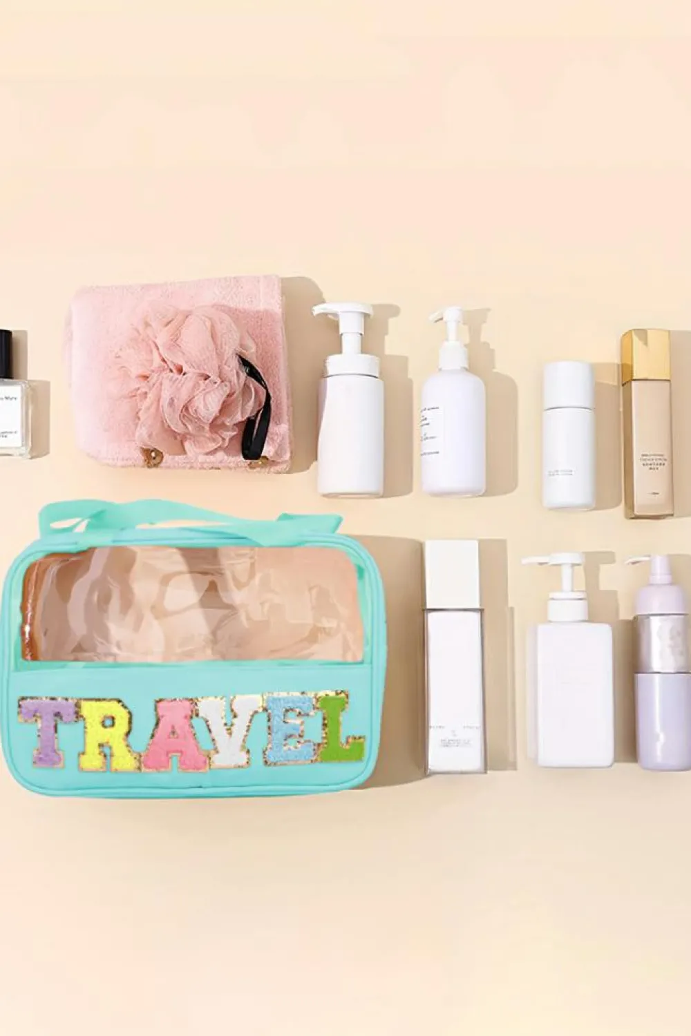 Fashion Dear-Lover TRAVEL Chenille Letter Clear PVC Makeup Bag Mint Green
