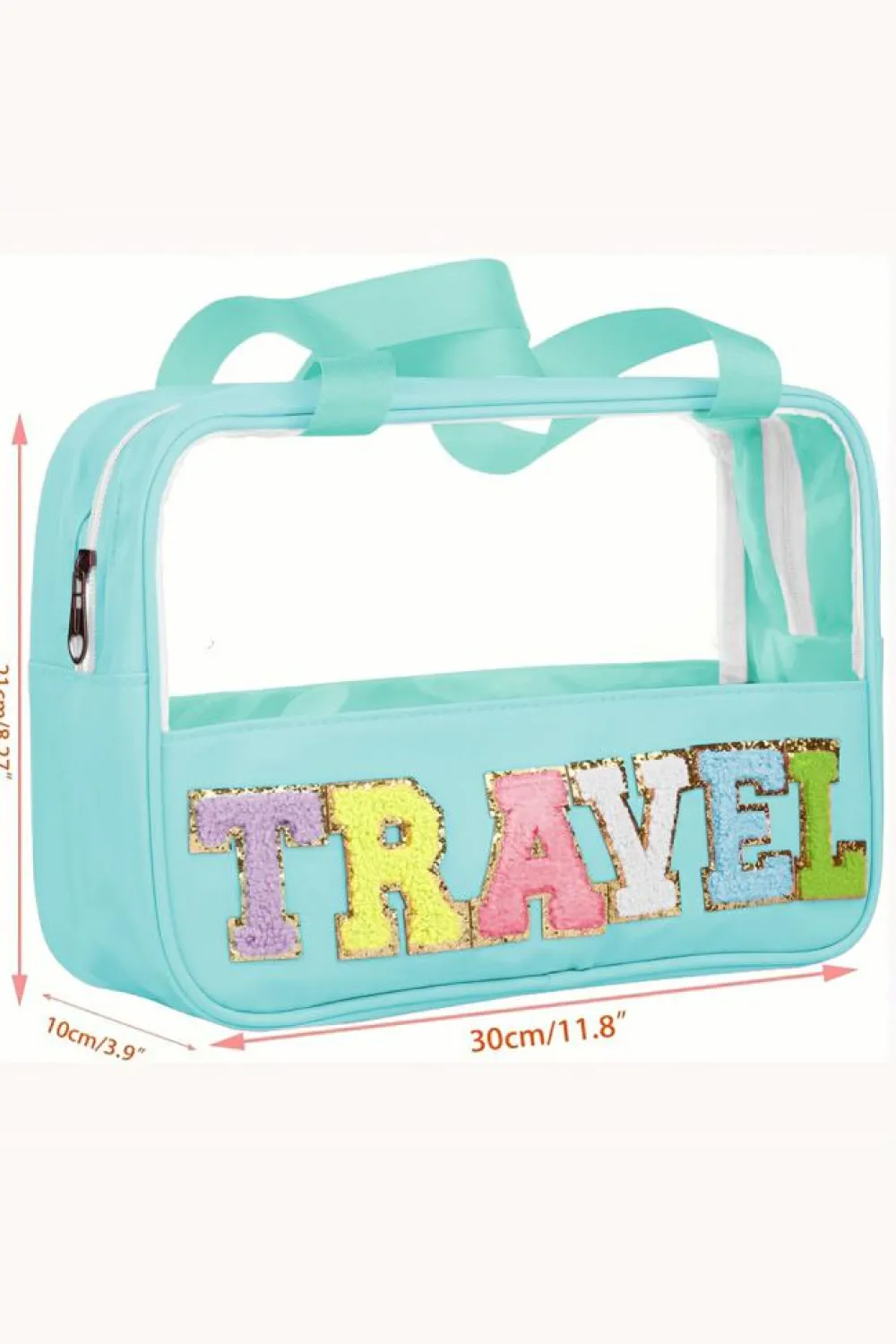 Fashion Dear-Lover TRAVEL Chenille Letter Clear PVC Makeup Bag Mint Green