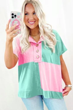 Online Dear-Lover Two Tone Half Buttons Collared T Shirt Mint Green