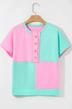 Online Dear-Lover Two Tone Half Buttons Collared T Shirt Mint Green