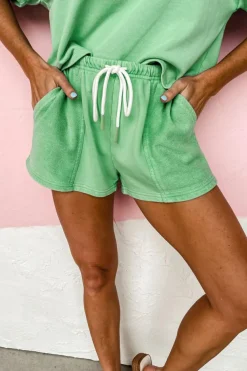 Discount Dear-Lover V Neck Drop Shoulder Tee and Patchwork Drawstring Shorts Set Mint Green