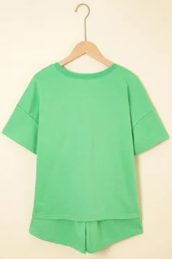 Discount Dear-Lover V Neck Drop Shoulder Tee and Patchwork Drawstring Shorts Set Mint Green