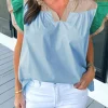 Online Dear-Lover Colorblock Ruffled Sleeve Frill V Neck Blouse Mist Blue