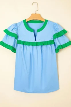 Outlet Dear-Lover Contrast Notched Neck Frilly Detail Short Sleeve Blouse Mist Blue