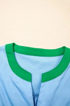 Outlet Dear-Lover Contrast Notched Neck Frilly Detail Short Sleeve Blouse Mist Blue