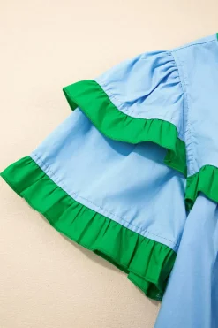 Outlet Dear-Lover Contrast Notched Neck Frilly Detail Short Sleeve Blouse Mist Blue