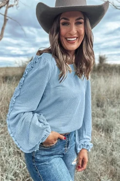 Hot Dear-Lover Corded Frilly Puff Sleeve Round Neck Blouse Mist Blue