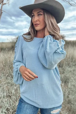 Hot Dear-Lover Corded Frilly Puff Sleeve Round Neck Blouse Mist Blue