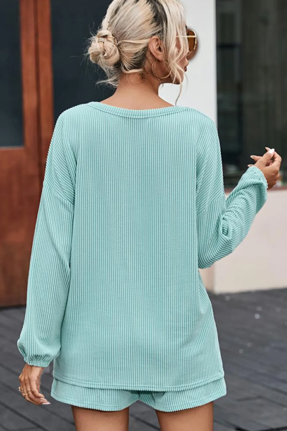Clearance Dear-Lover Corded V Neck Slouchy Top Pocketed Shorts Set Mist Blue