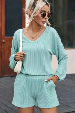 Clearance Dear-Lover Corded V Neck Slouchy Top Pocketed Shorts Set Mist Blue