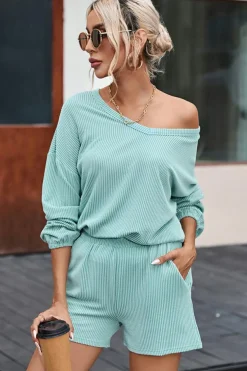 Clearance Dear-Lover Corded V Neck Slouchy Top Pocketed Shorts Set Mist Blue