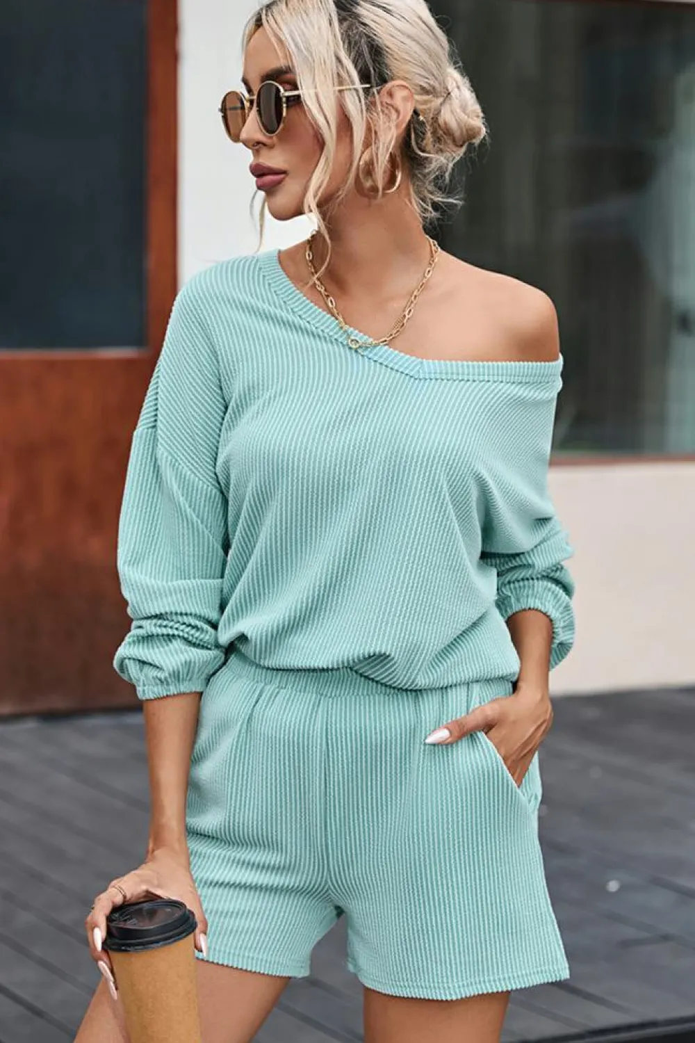 Clearance Dear-Lover Corded V Neck Slouchy Top Pocketed Shorts Set Mist Blue