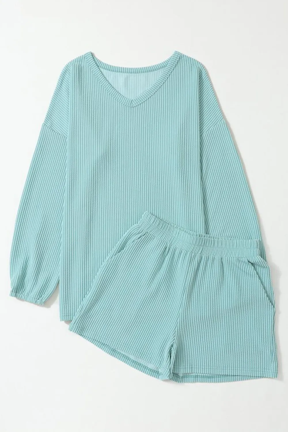 Clearance Dear-Lover Corded V Neck Slouchy Top Pocketed Shorts Set Mist Blue