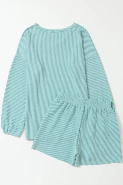 Clearance Dear-Lover Corded V Neck Slouchy Top Pocketed Shorts Set Mist Blue