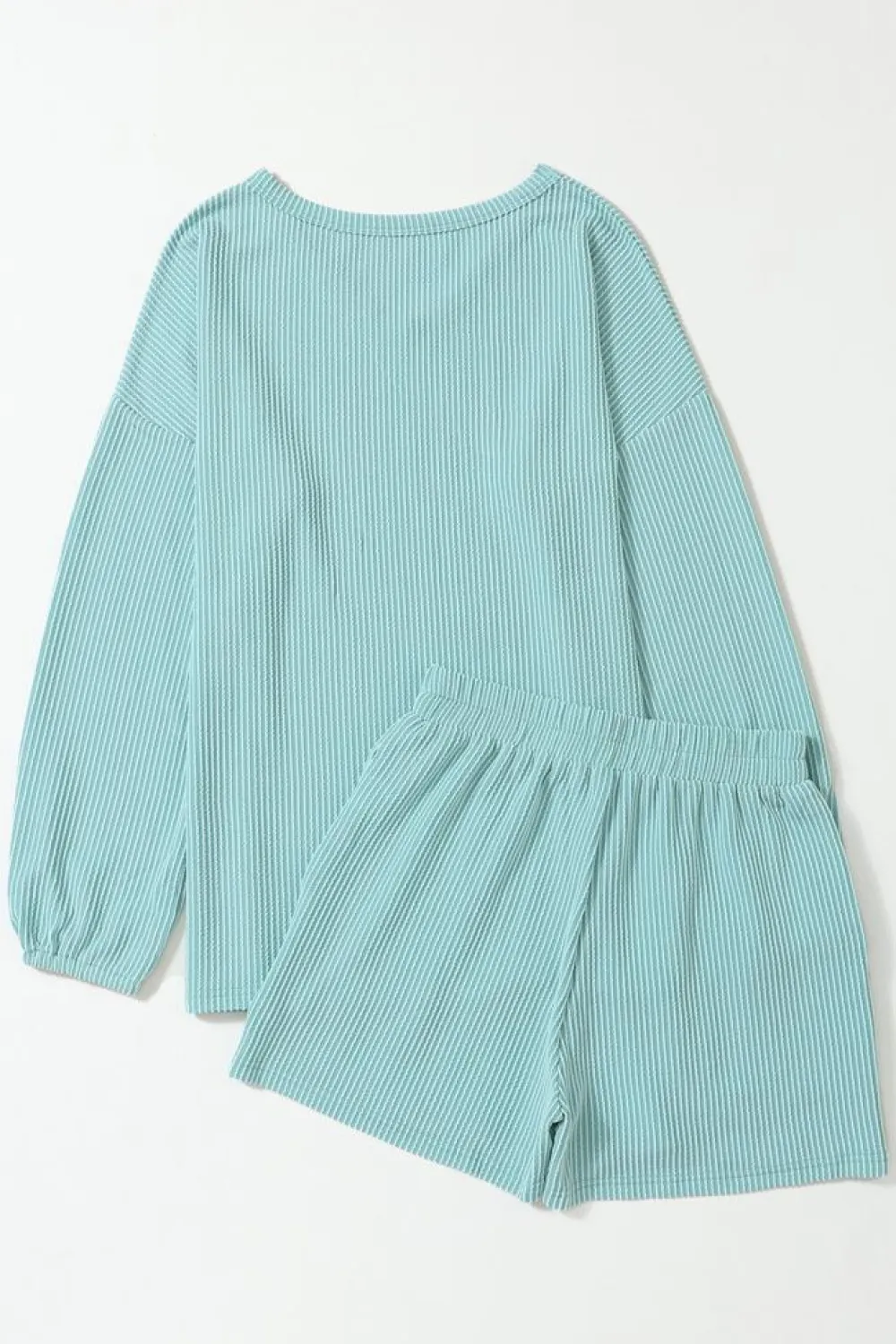 Clearance Dear-Lover Corded V Neck Slouchy Top Pocketed Shorts Set Mist Blue