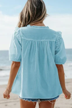 Sale Dear-Lover Embroidered Lace Patchwork Tie Neck Puff Short Sleeve Blouse Mist Blue