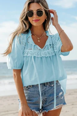Sale Dear-Lover Embroidered Lace Patchwork Tie Neck Puff Short Sleeve Blouse Mist Blue