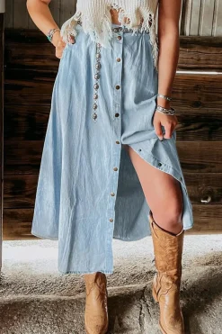 Clearance Dear-Lover Fully Buttoned Long Denim Skirt Mist Blue