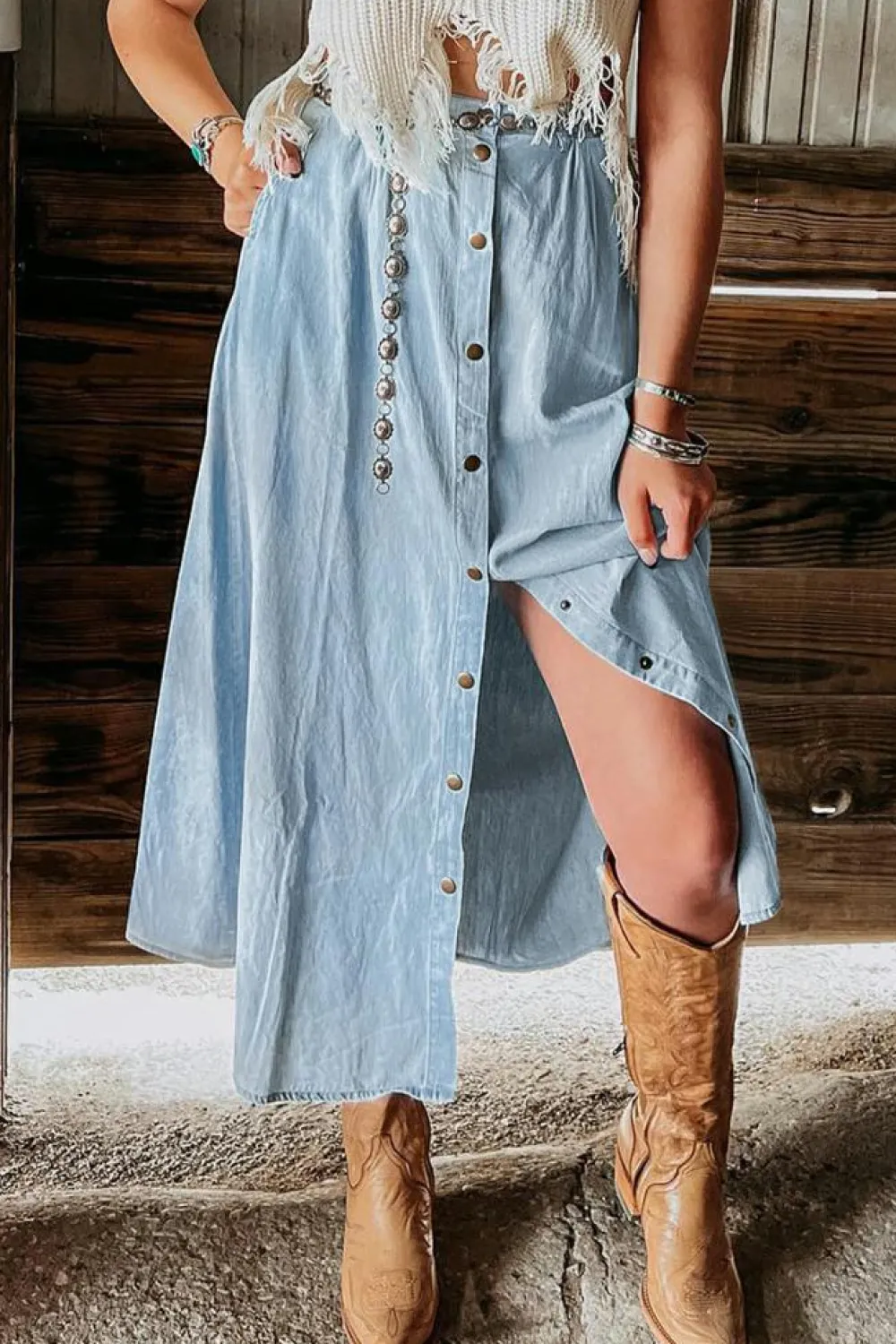 Clearance Dear-Lover Fully Buttoned Long Denim Skirt Mist Blue