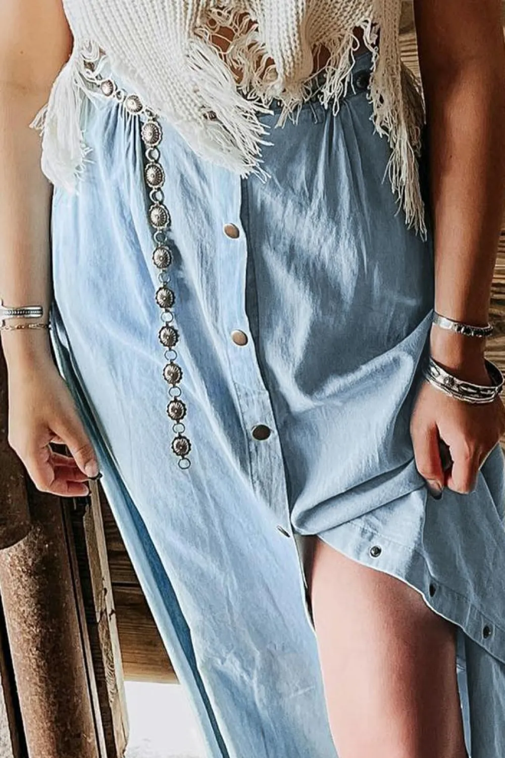 Clearance Dear-Lover Fully Buttoned Long Denim Skirt Mist Blue