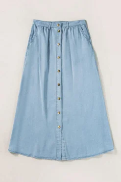 Clearance Dear-Lover Fully Buttoned Long Denim Skirt Mist Blue