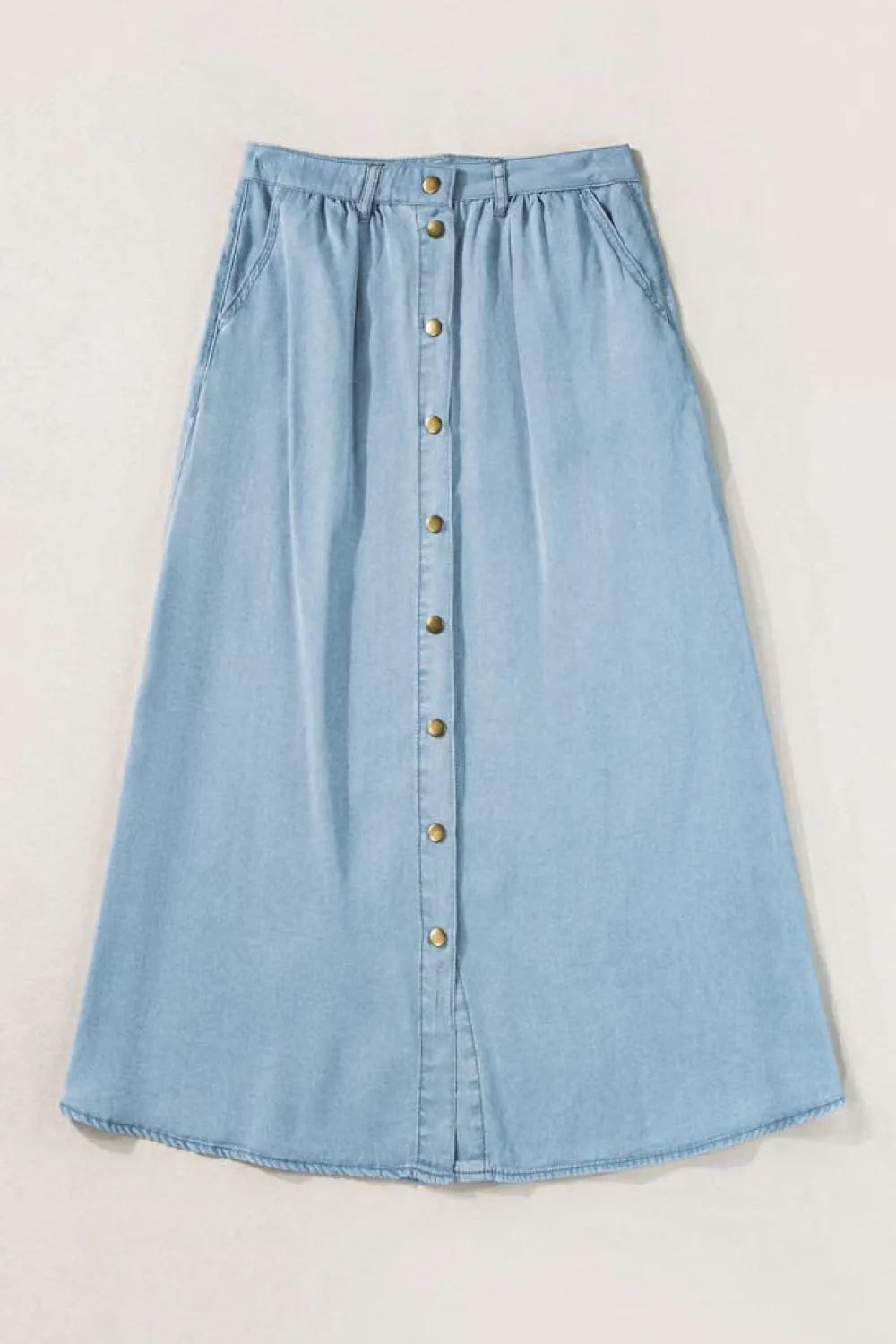 Clearance Dear-Lover Fully Buttoned Long Denim Skirt Mist Blue