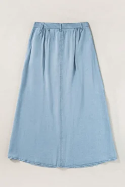 Clearance Dear-Lover Fully Buttoned Long Denim Skirt Mist Blue