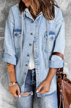 Fashion Dear-Lover Oversized Contrast Hooded Denim Jacket Mist Blue
