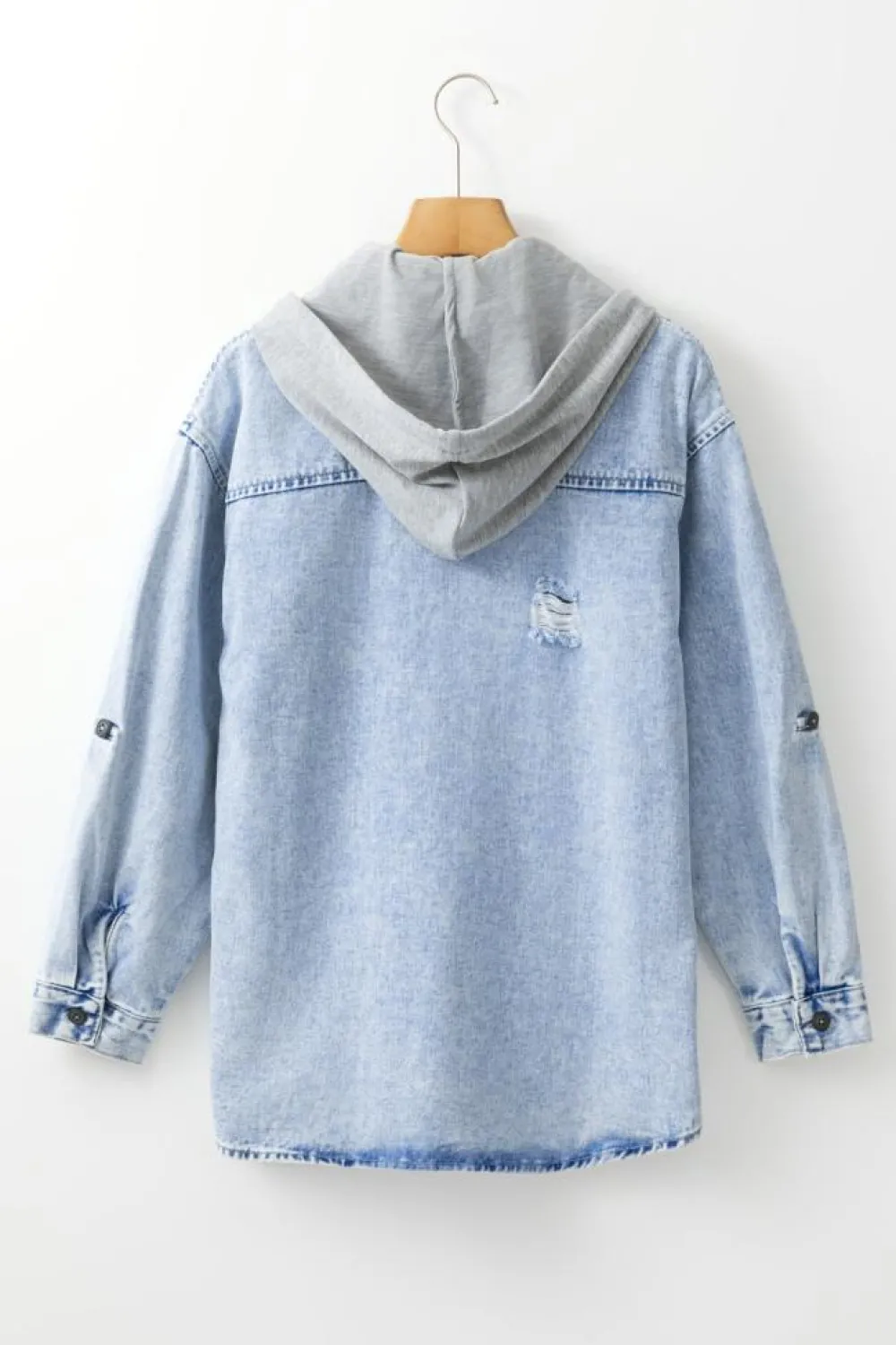 Fashion Dear-Lover Oversized Contrast Hooded Denim Jacket Mist Blue