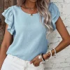 Online Dear-Lover Solid Color Ruffled Short Sleeve Casual Blouse Mist Blue