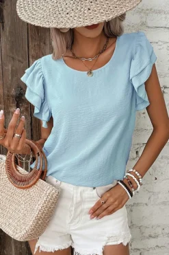 Online Dear-Lover Solid Color Ruffled Short Sleeve Casual Blouse Mist Blue