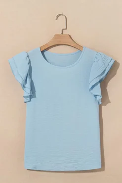 Online Dear-Lover Solid Color Ruffled Short Sleeve Casual Blouse Mist Blue