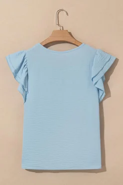 Online Dear-Lover Solid Color Ruffled Short Sleeve Casual Blouse Mist Blue