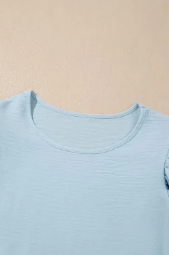 Online Dear-Lover Solid Color Ruffled Short Sleeve Casual Blouse Mist Blue