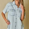 Fashion Dear-Lover Vintage Light Wash Flap Pockets Rounded Hem Shirt Mist Blue