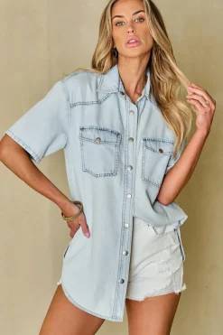 Fashion Dear-Lover Vintage Light Wash Flap Pockets Rounded Hem Shirt Mist Blue
