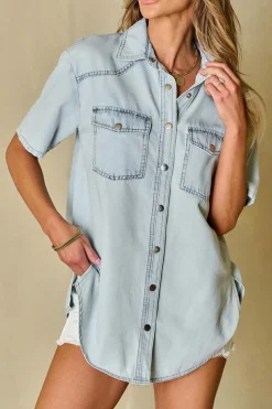 Fashion Dear-Lover Vintage Light Wash Flap Pockets Rounded Hem Shirt Mist Blue