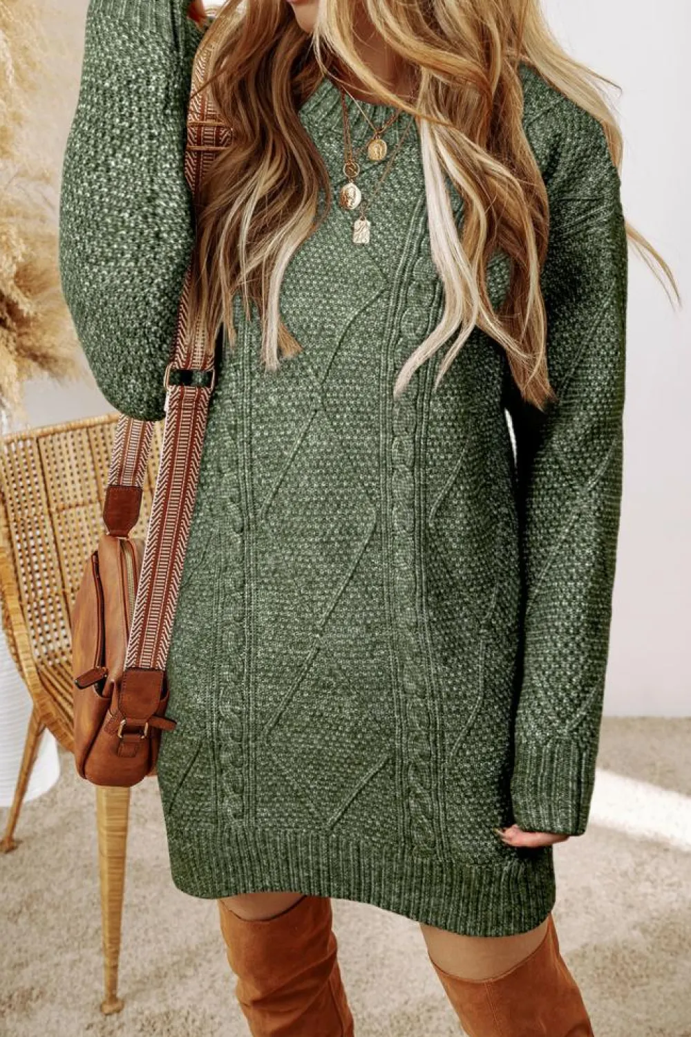 Online Dear-Lover Cable Knit Drop Shoulder Loose Fit Sweater Dress Mist Green
