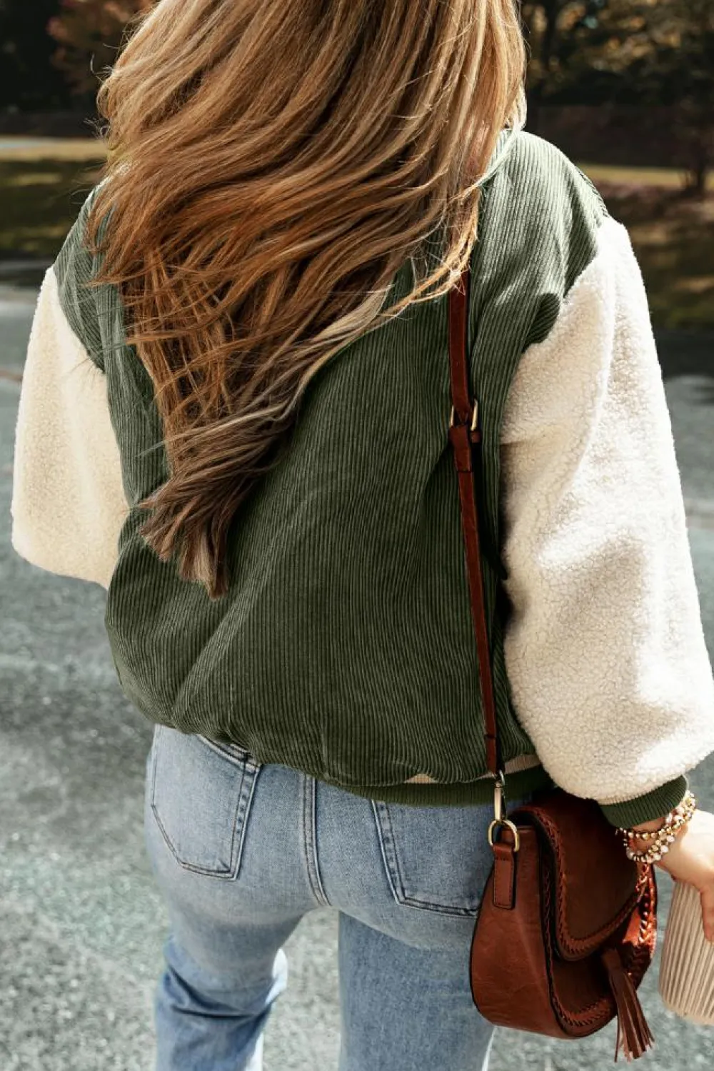 Clearance Dear-Lover Corduroy Fleece Patchwork Buttoned Bomber Jacket Mist Green
